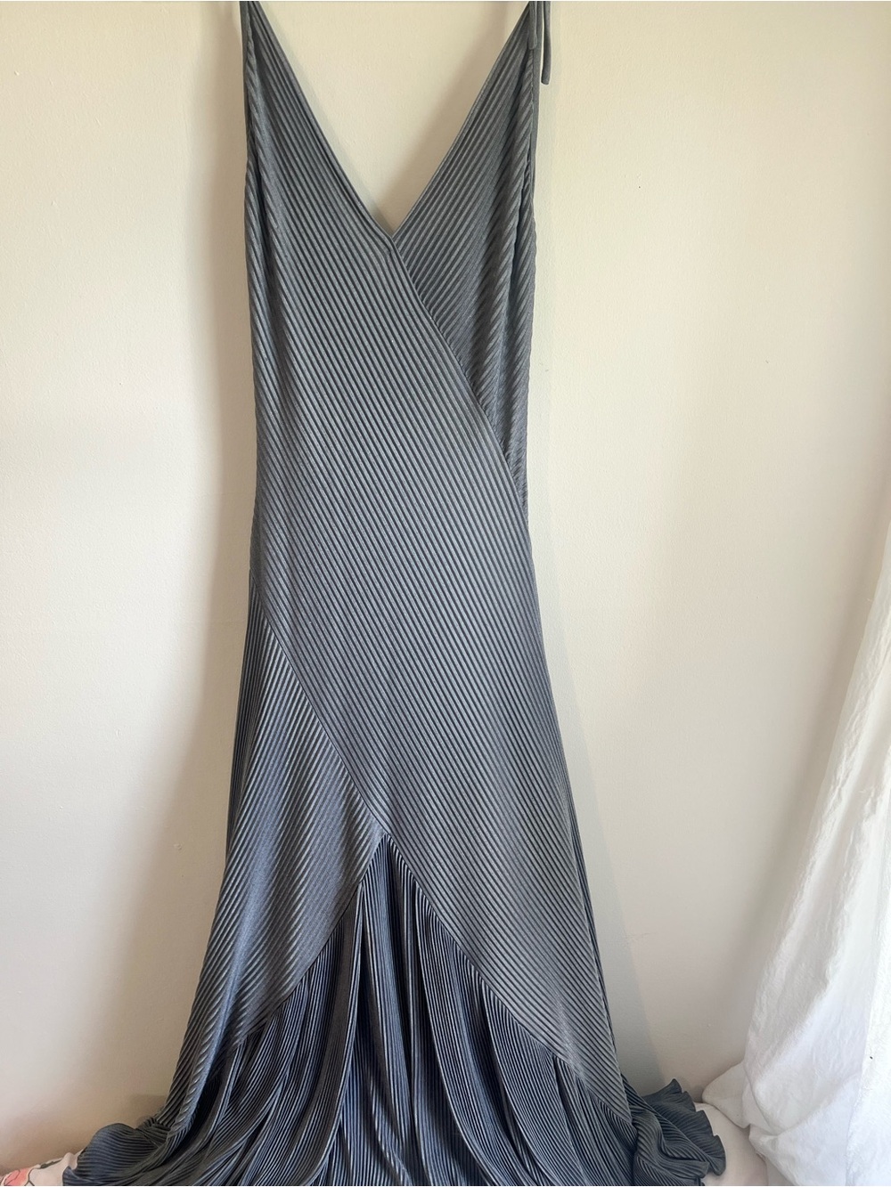 V-Neck Sleeveless Gray Striped Maxi Dress